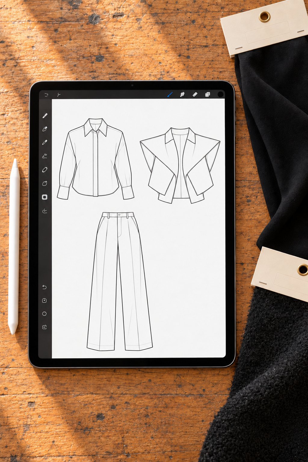 The shirt, sleeveless jacket and trousers drawn on the iPad