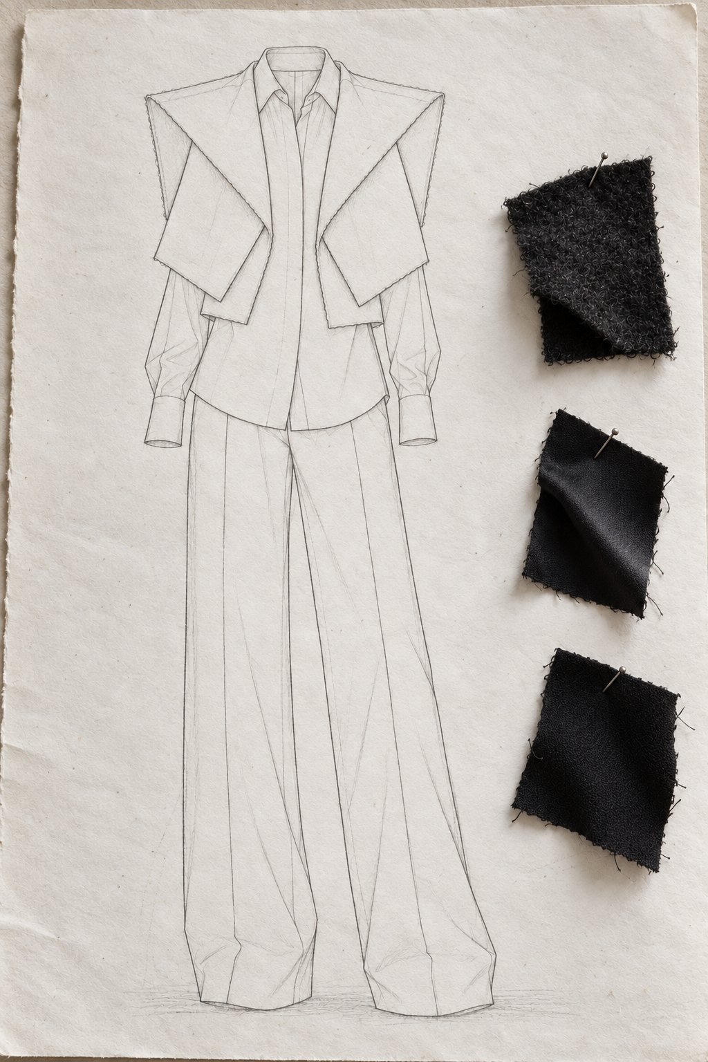 Pencil sketch of the black ensemble by Beatrice Toninato with fabric swatches