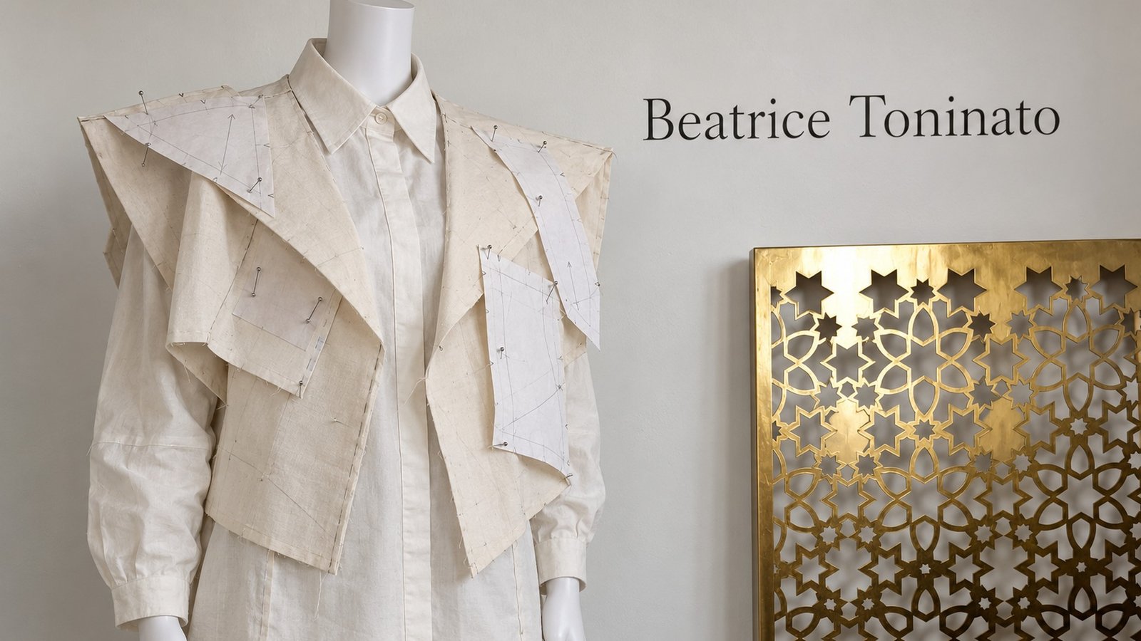 A calico toile of a jacket with folded front panels and pinned paper pattern pieces on a mannequin, beside the name Beatrice Toninato on the wall.