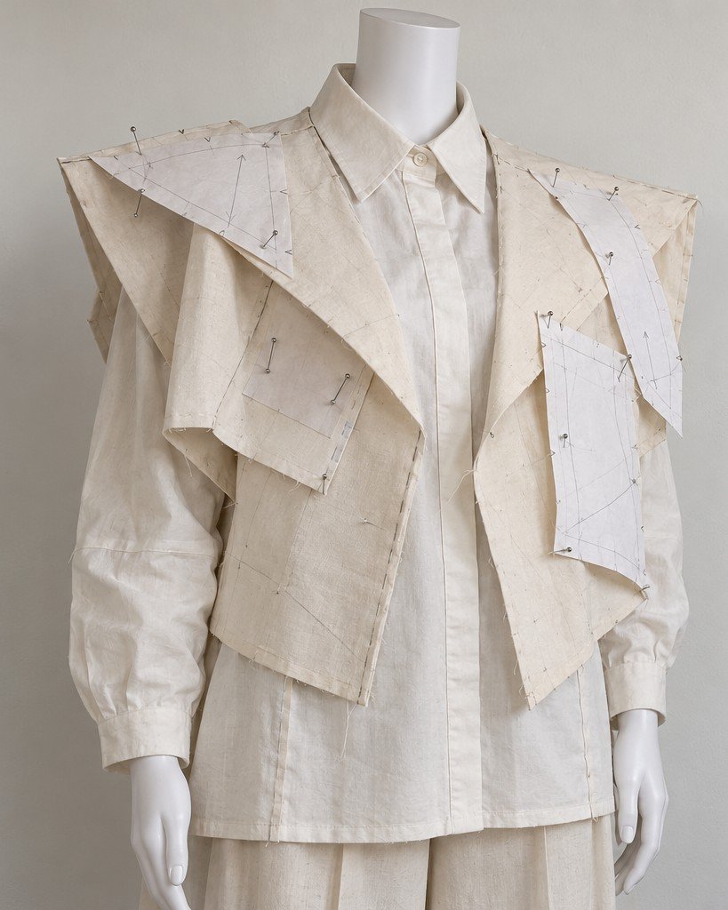 A calico toile of a jacket with folded front panels and pinned paper pattern pieces on a mannequin.