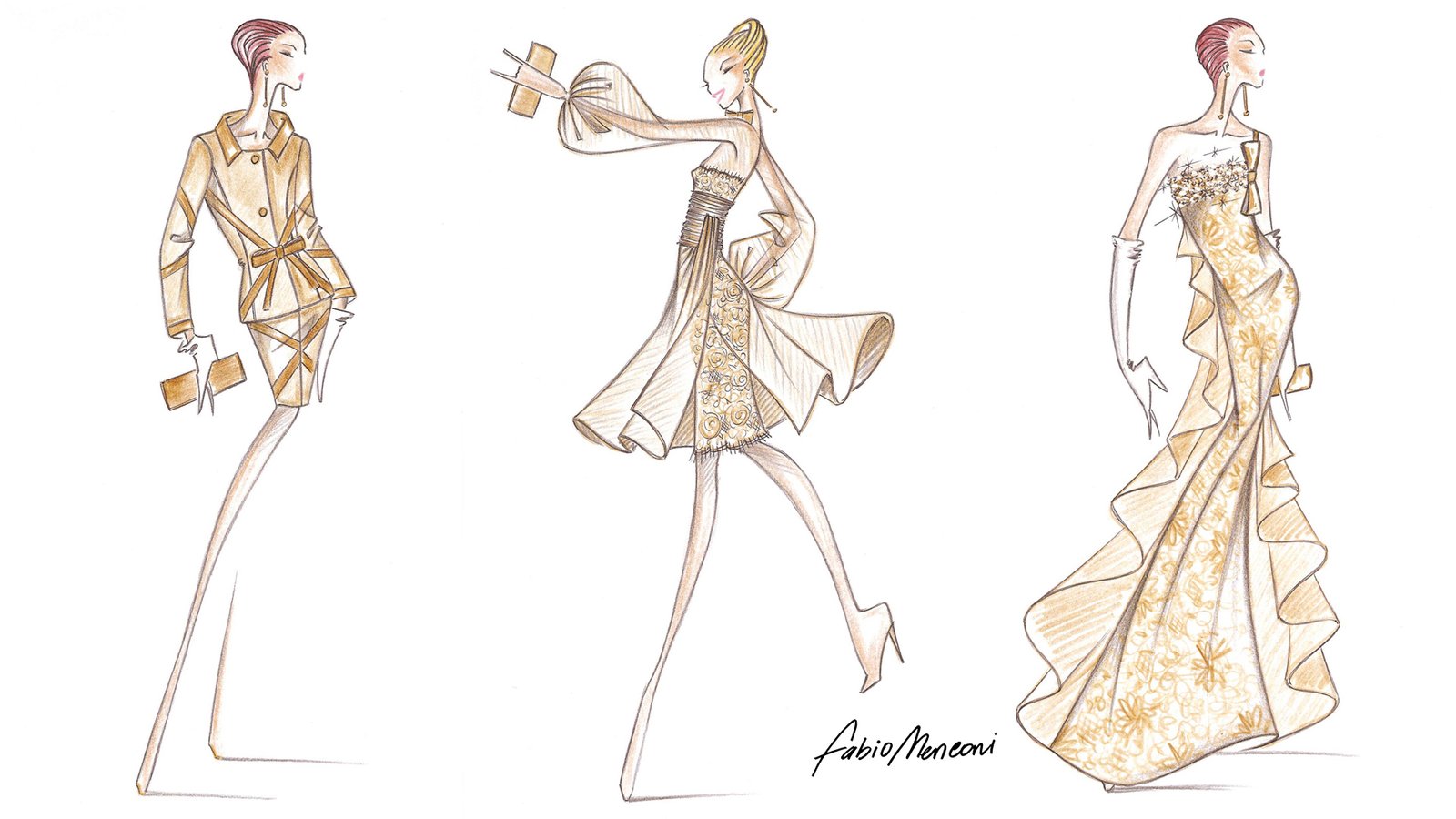 Three fashion illustrations by Fabio Menconi in gold and champagne tones.