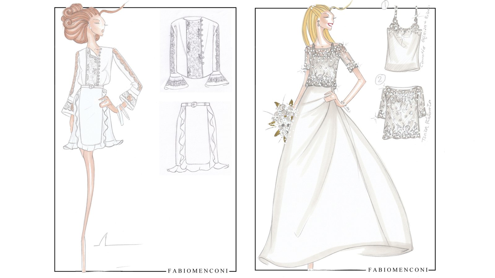 Bridal sketches by Fabio Menconi with fabric details.