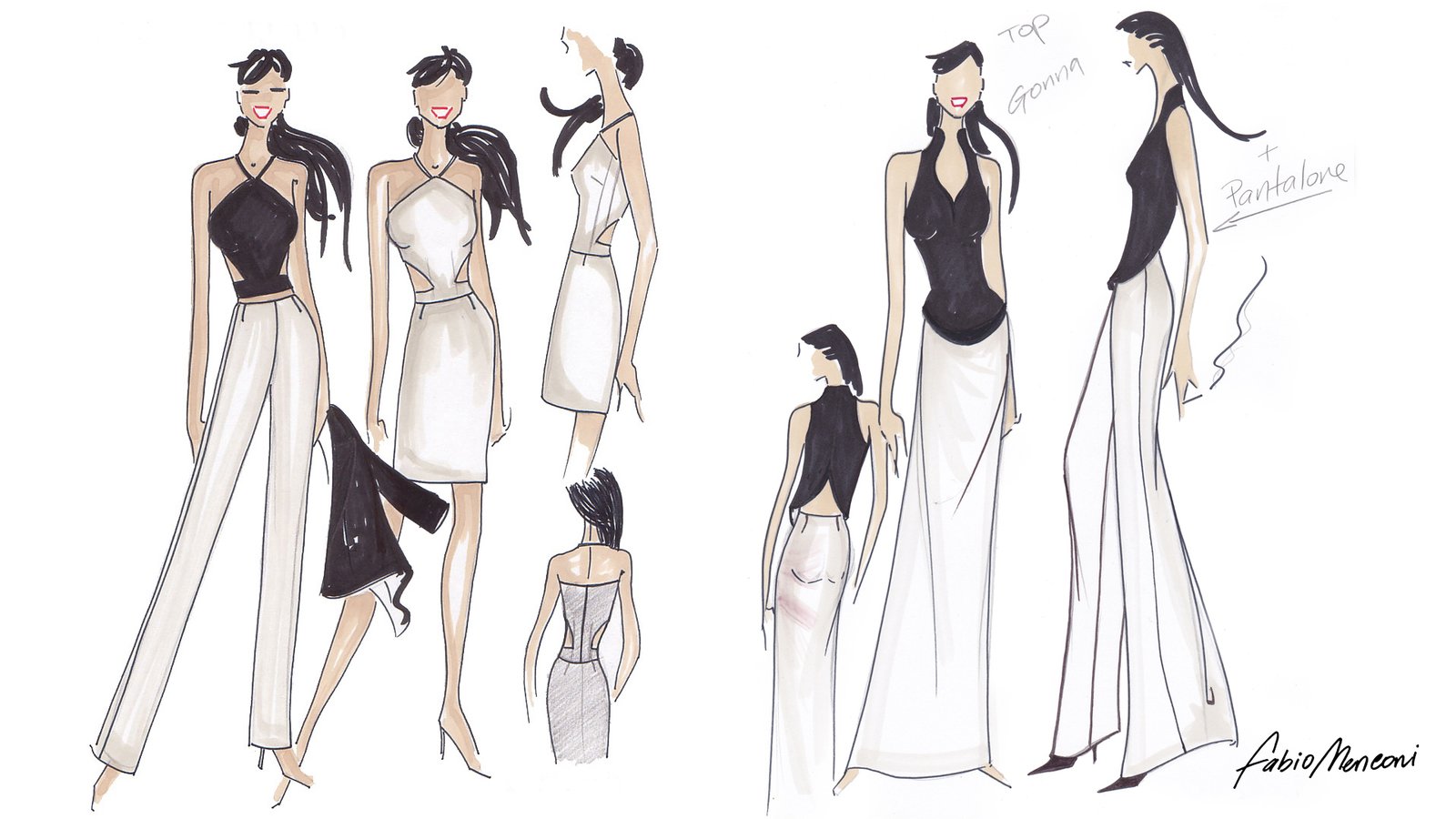 Sketches by Fabio Menconi of black and white evening looks.