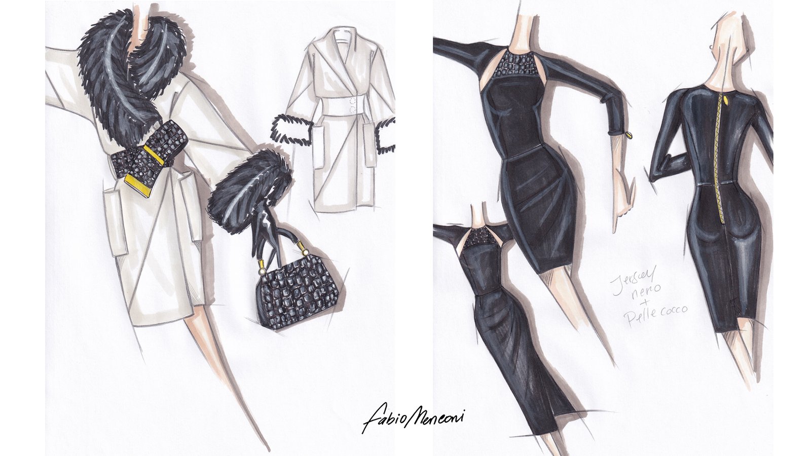 Sketches by Fabio Menconi of a white coat, a black dress and a handbag.