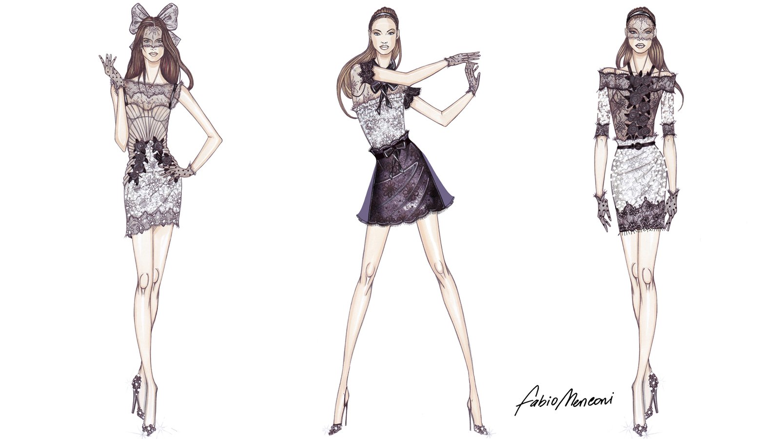 Three illustrations by Fabio Menconi of short lace looks.