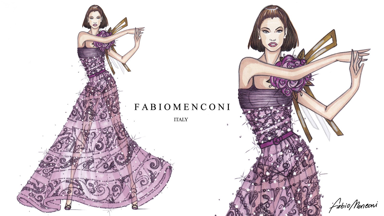 Two illustrations by Fabio Menconi of a purple patterned gown.